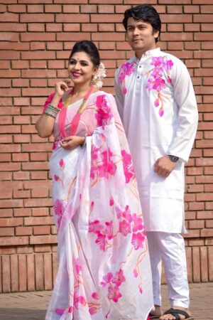 এক্সক্লুসিভ হ্যান্ড প্রিন্টেড কালারফুল ম্যাচিং কাপল শাড়ি অ্যান্ড পাঞ্জাবি সেট – HP703