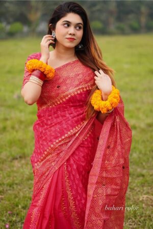প্রিমিয়াম সেমি মসলিন শাড়ি + ম্যাচিং ব্লাউজ পিস (SMS108)