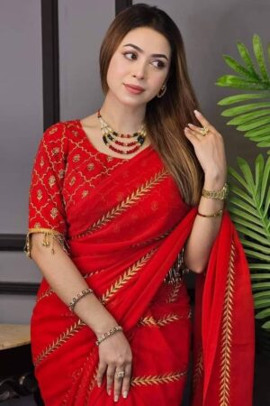 ইন্ডিয়ান ওয়েটলেস এমব্রয়ডারি জর্জেট শাড়ি + ব্লাউজ  (Code 16)