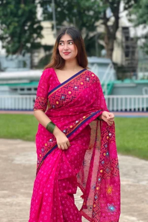 টাংগাইলের হাফসিল্ক বুটিক্স শাড়ি + ব্লাউজ পিছ ( রানী গোলাপী )