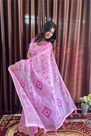 প্রিমিয়াম টাংগাইল হাফসিল্কের ব্লকপ্রিন্ট শাড়ি - গোলাপী