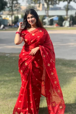 প্রিমিয়াম টাংগাইল হাফসিল্কের ব্লকপ্রিন্ট শাড়ি - লাল
